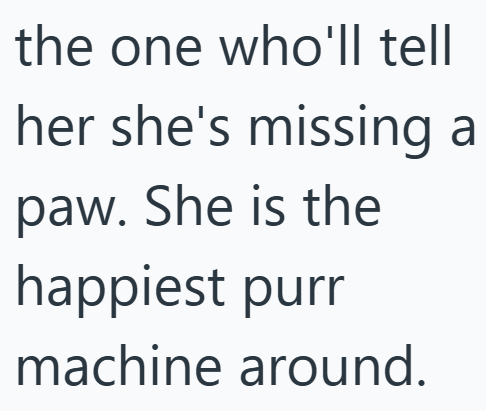 the one who'll tell her she's missing a paw. She is the happiest purr machine around.