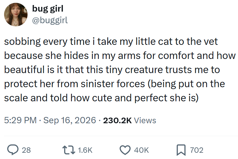 bug girl @buggirl sobbing every time i take my little cat to the vet because she hides in my arms for comfort and how beautiful is it that this tiny creature trusts me to protect her from sinister forces (being put on the scale and told how cute and perfect she is) 5:29 PM Sep 16, 2026 230.2K Views 28 1.6K 40K ☐ 702