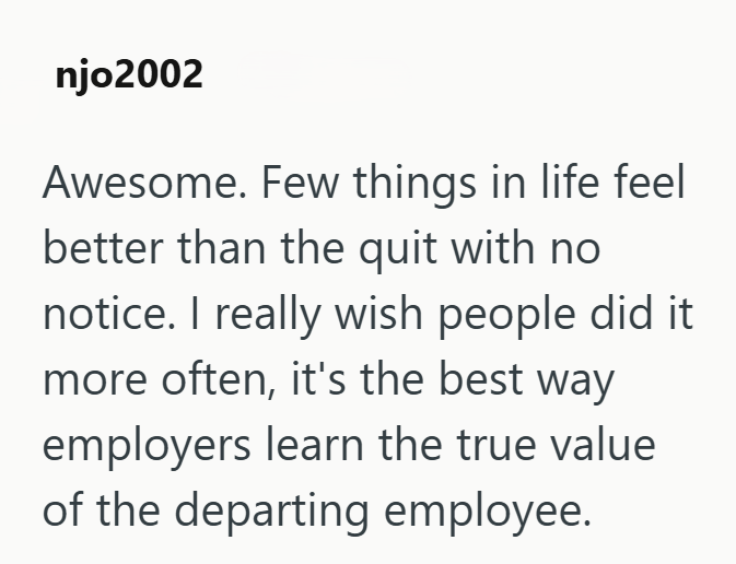 njo2002 Awesome. Few things in life feel better than the quit with no notice. I really wish people did it more often, it's the best way employers learn the true value of the departing employee.