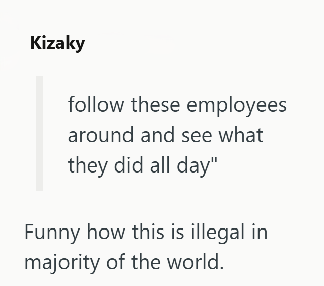 Kizaky follow these employees around and see what they did all day" Funny how this is illegal in majority of the world.