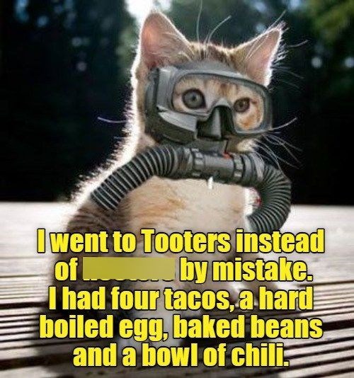 I went to Tooters instead of by mistake. wwwby I had four tacos, a hard boiled egg, baked beans and a bowl of chili.
