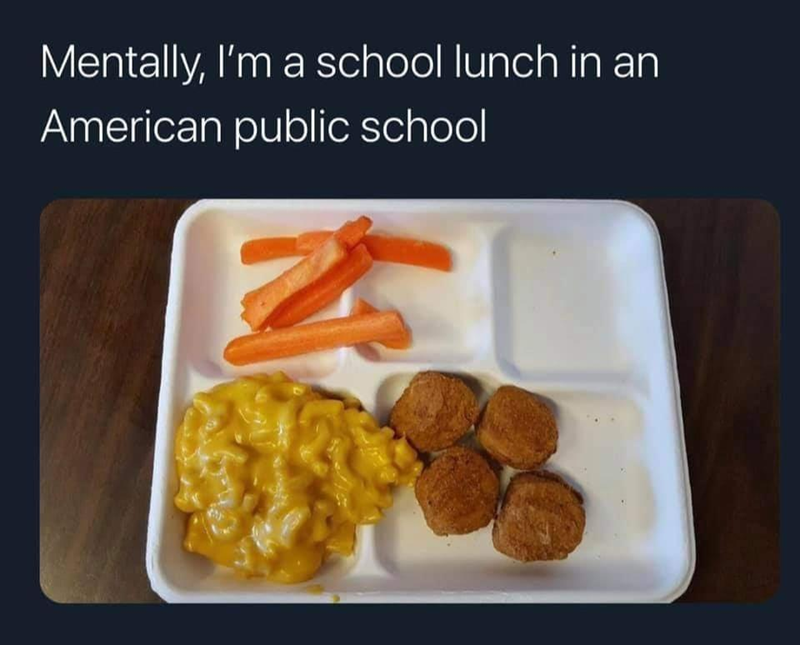 Mentally, I'm a school lunch in an American public school