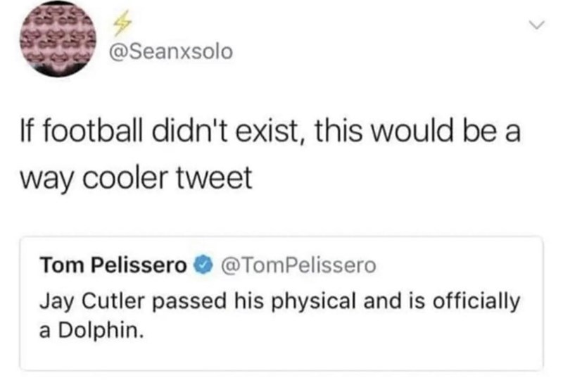 @Seanxsolo If football didn't exist, this would be a way cooler tweet Tom Pelissero @TomPelissero Jay Cutler passed his physical and is officially a Dolphin.