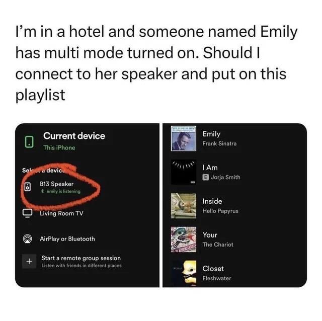 I'm in a hotel and someone named Emily has multi mode turned on. Should I connect to her speaker and put on this playlist Current device This iPhone Sela device 8 B13 Speaker * emily is listening Living Room TV AirPlay or Bluetooth + Start a remote group session Listen with friends in different places Emily Frank Sinatra I Am Jorja Smith Inside Hello Papyrus Your The Chariot Closet Fleshwater