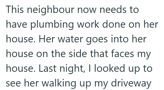 This neighbour now needs to have plumbing work done on her house. Her water goes into her house on the side that faces my house. Last night, I looked up to see her walking up my driveway