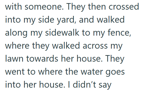 with someone. They then crossed into my side yard, and walked along my sidewalk to my fence, where they walked across my lawn towards her house. They went to where the water goes into her house. I didn't say