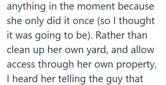anything in the moment because she only did it once (so I thought it was going to be). Rather than clean up her own yard, and allow access through her own property, I heard her telling the guy that
