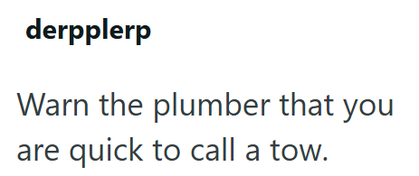 derpplerp Warn the plumber that you are quick to call a tow.