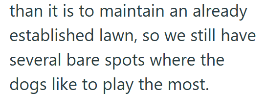 than it is to maintain an already established lawn, so we still have several bare spots where the dogs like to play the most.