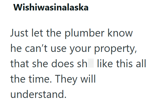 Wishiwasinalaska Just let the plumber know he can't use your property, that she does sh like this all the time. They will understand.