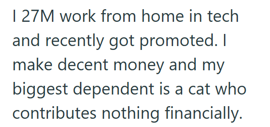 | 27M work from home in tech and recently got promoted. I make decent money and my biggest dependent is a cat who contributes nothing financially.