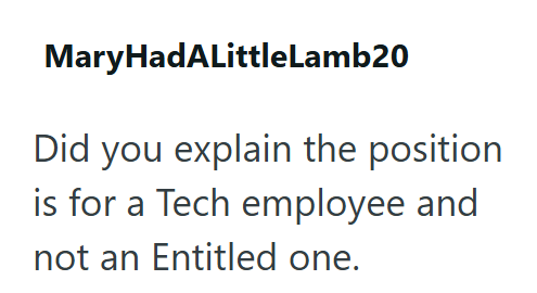 MaryHadALittleLamb20 Did you explain the position is for a Tech employee and not an Entitled one.