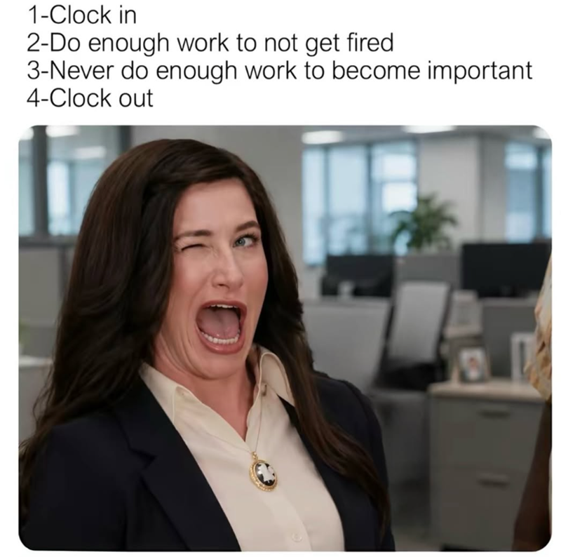 1-Clock in 2-Do enough work to not get fired 3-Never do enough work to become important 4-Clock out
