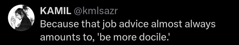 KAMIL @kmlsazr Because that job advice almost always amounts to, 'be more docile.'