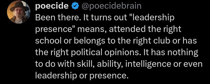 poecide ✰ @poecidebrain Been there. It turns out "leadership presence" means, attended the right school or belongs to the right club or has the right political opinions. It has nothing to do with skill, ability, intelligence or even leadership or presence.