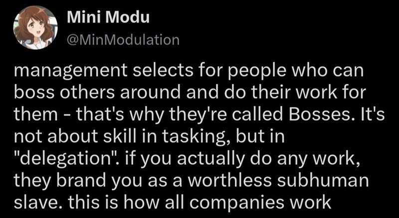 Mini Modu @MinModulation management selects for people who can boss others around and do their work for them - that's why they're called Bosses. It's not about skill in tasking, but in "delegation". if you actually do any work, they brand you as a worthless subhuman slave. this is how all companies work