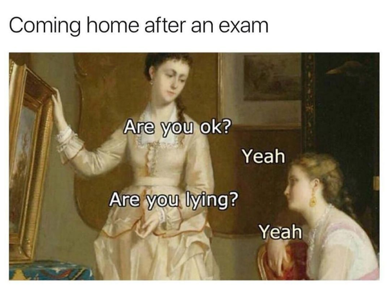 Coming home after an exam Are you ok? Are you lying? Yeah Yeah