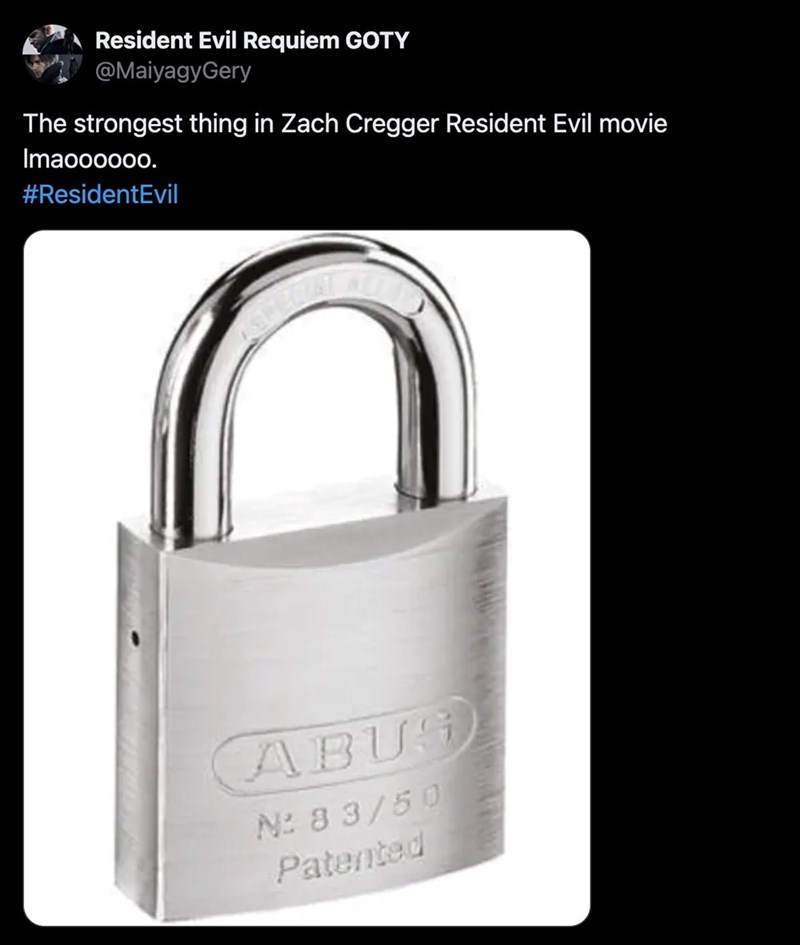 Resident Evil Requiem GOTY @MaiyagyGery The strongest thing in Zach Cregger Resident Evil movie Imaoooooo. #ResidentEvil ABUS N: 83/50 Patented