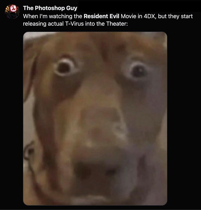 The Photoshop Guy When I'm watching the Resident Evil Movie in 4DX, but they start releasing actual T-Virus into the Theater: