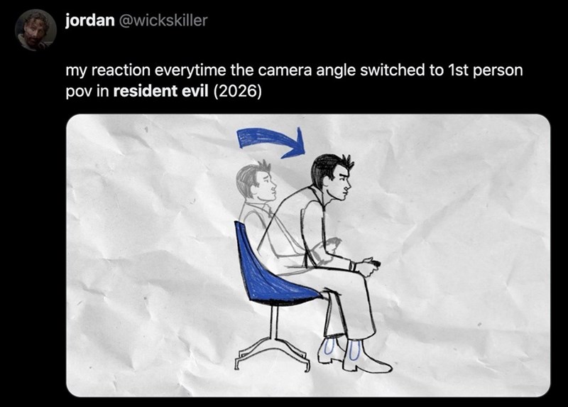 jordan @wickskiller my reaction everytime the camera angle switched to 1st person pov in resident evil (2026)