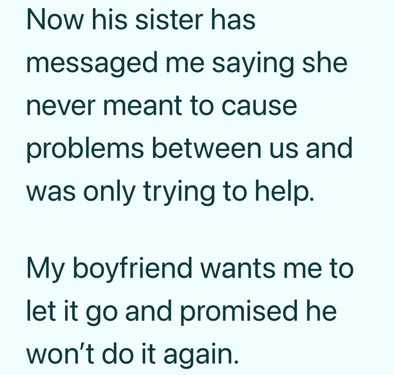 Now his sister has messaged me saying she never meant to cause problems between us and was only trying to help. My boyfriend wants me to let it go and promised he won't do it again.
