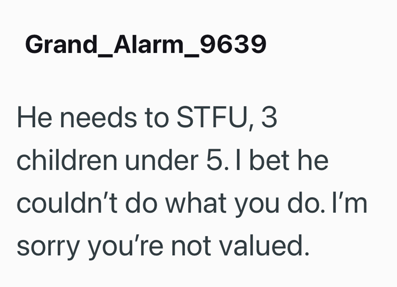 Grand_Alarm_9639 He needs to STFU, 3 children under 5. I bet he couldn't do what you do. I'm sorry you're not valued.