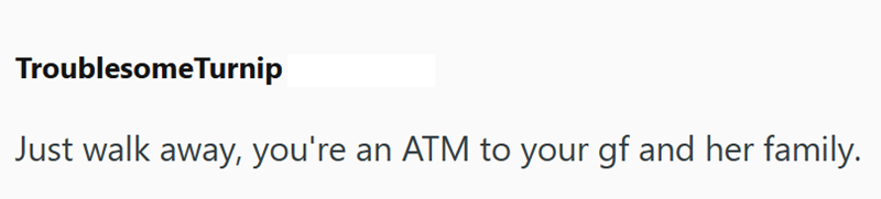 Troublesome Turnip Just walk away, you're an ATM to your gf and her family.