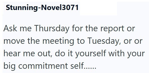 Stunning-Novel3071 Ask me Thursday for the report or move the meeting to Tuesday, or or hear me out, do it yourself with your big commitment self.......