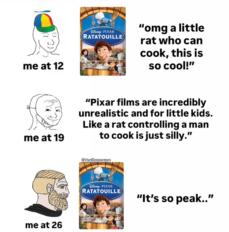 me at 12 DISNEY PIXAR RATATOUILLE "omg a little rat who can cook, this is so cool!" me at 19 "Pixar films are incredibly unrealistic and for little kids. Like a rat controlling a man to cook is just silly." me at 26 @thefilmmemes DISNEY PIXAR RATATOUILLE "It's so peak.."
