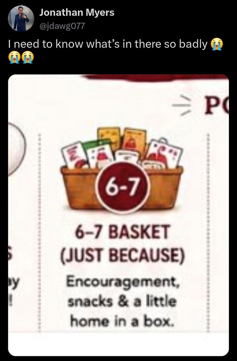 Jonathan Myers @jdawg077 I need to know what's in there so badly Б ay 6-7 6-7 BASKET (JUST BECAUSE) Encouragement, snacks & a little home in a box. P