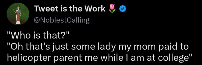 Tweet is the Work @NoblestCalling "Who is that?" "Oh that's just some lady my mom paid to helicopter parent me while I am at college"