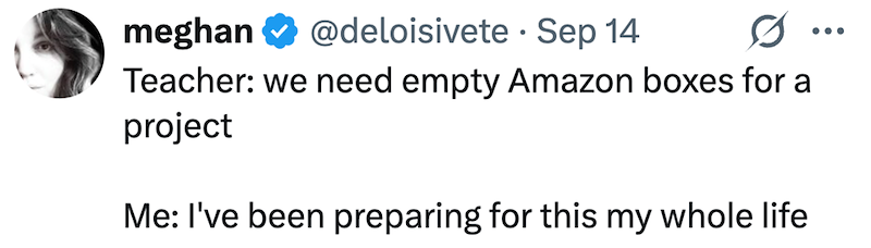 meghan @deloisivete Sep 14 · Teacher: we need empty Amazon boxes for a project Me: I've been preparing for this my whole life ...