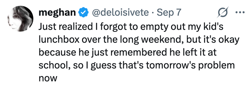 meghan @deloisivete · Sep 7 Just realized I forgot to empty out my kid's lunchbox over the long weekend, but it's okay because he just remembered he left it at school, so I guess that's tomorrow's problem now