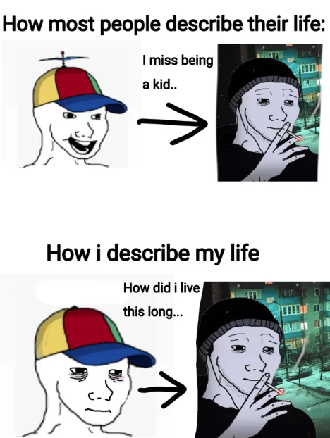 How most people describe their life: I miss being a kid.. How i describe my life How did i live this long...