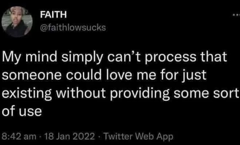 FAITH @faithlowsucks My mind simply can't process that someone could love me for just existing without providing some sort of use 8:42 am - 18 Jan 2022 - Twitter Web App