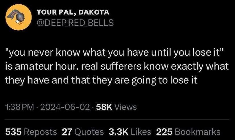 YOUR PAL, DAKOTA @DEEP RED BELLS "you never know what you have until you lose it" is amateur hour. real sufferers know exactly what they have and that they are going to lose it 1:38 PM - 2024-06-02 58K Views 535 Reposts 27 Quotes 3.3K Likes 225 Bookmarks