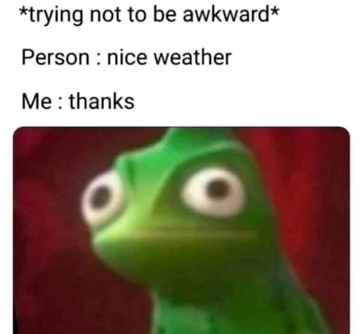 *trying not to be awkward* Person: nice weather Me: thanks