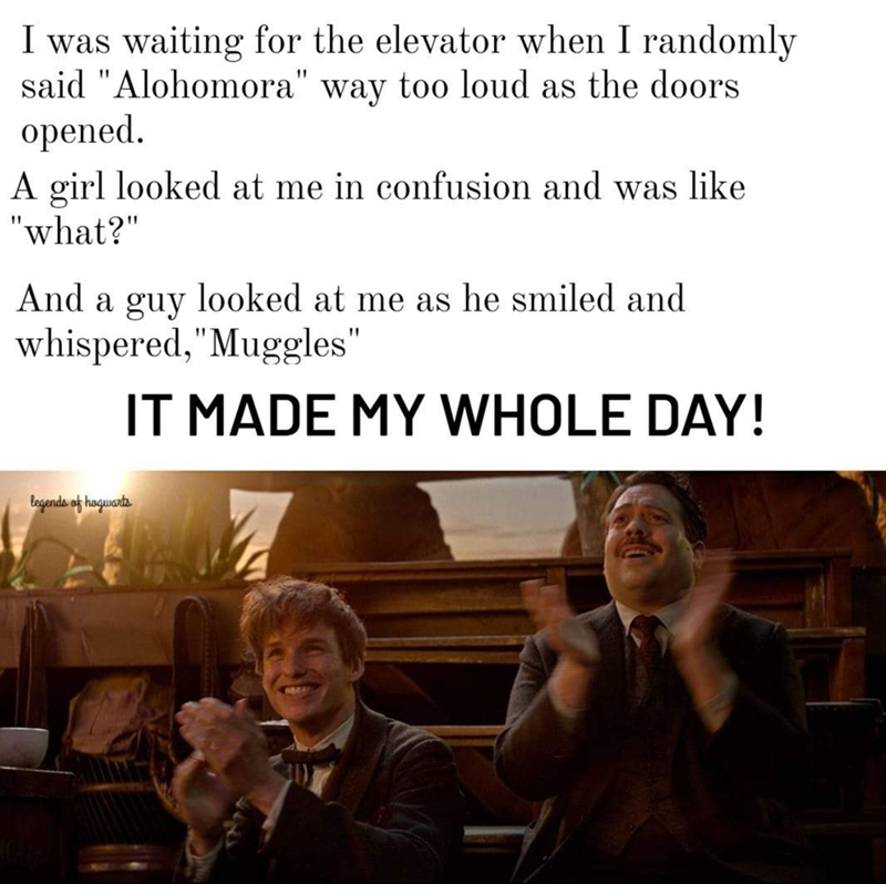 I was waiting for the elevator when I randomly said "Alohomora" way too loud as the doors opened. A girl looked at me in confusion and was like "what?" And a guy looked at me as he smiled and whispered, "Muggles" IT MADE MY WHOLE DAY! legends of hogwarts