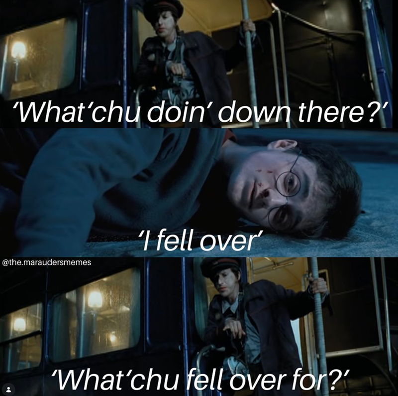 What'chu doin' down there?' @the.maraudersmemes 'I fell over' 'What'chu fell over for?'