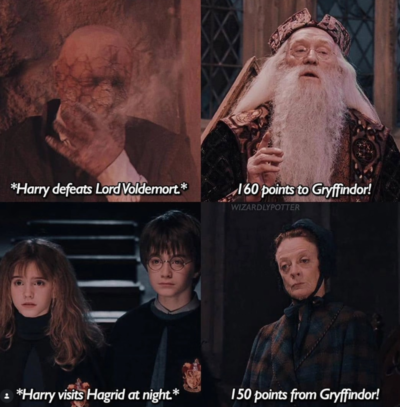 *Harry defeats Lord Voldemort.* 160 points to Gryffindor! WIZARDLYPOTTER • *Harry visits Hagrid at night.* 150 points from Gryffindor!