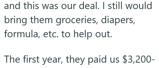 and this was our deal. I still would bring them groceries, diapers, formula, etc. to help out. The first year, they paid us $3,200-