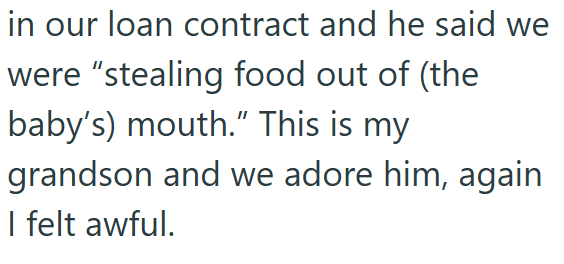 in our loan contract and he said we were "stealing food out of (the baby's) mouth." This is my grandson and we adore him, again I felt awful.
