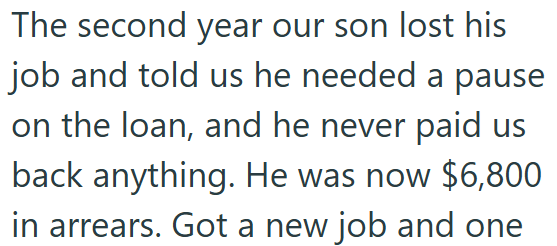 The second year our son lost his job and told us he needed a pause on the loan, and he never paid us back anything. He was now $6,800 in arrears. Got a new job and one