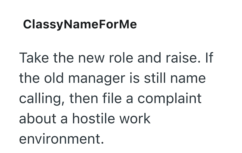 ClassyNameForMe Take the new role and raise. If the old manager is still name calling, then file a complaint about a hostile work environment.