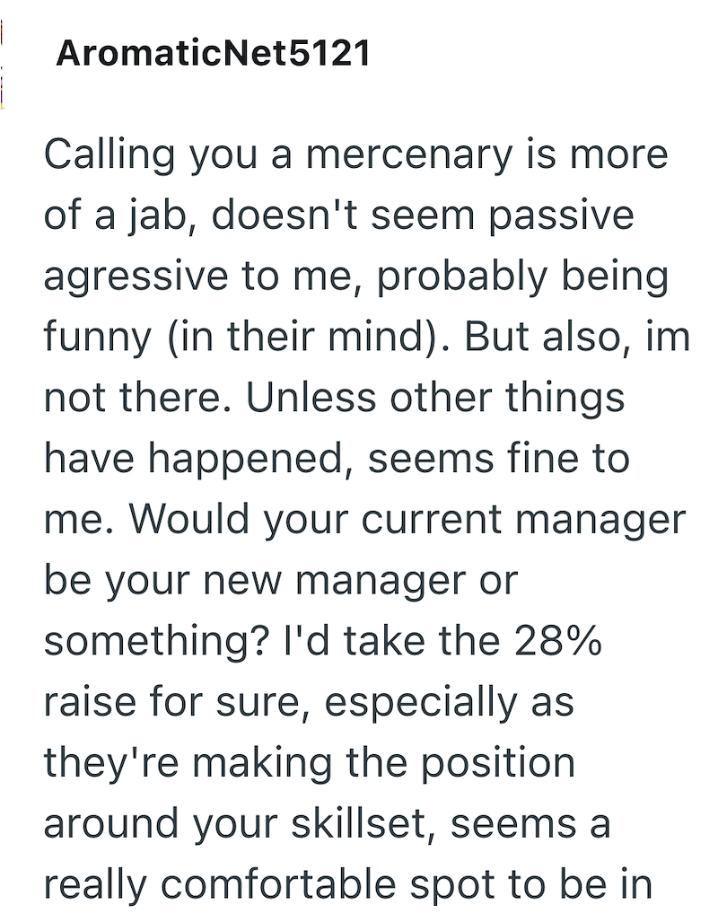 AromaticNet5121 Calling you a mercenary is more of a jab, doesn't seem passive agressive to me, probably being funny (in their mind). But also, im not there. Unless other things have happened, seems fine to me. Would your current manager be your new manager or something? I'd take the 28% raise for sure, especially as they're making the position around your skillset, seems a really comfortable spot to be in