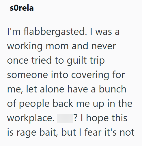 sOrela I'm flabbergasted. I was a working mom and never once tried to guilt trip someone into covering for me, let alone have a bunch of people back me up in the workplace. ? I hope this is rage bait, but I fear it's not