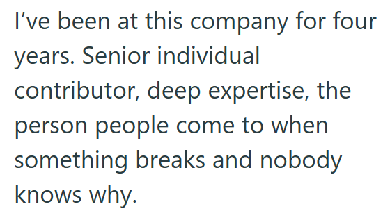 I've been at this company for four years. Senior individual contributor, deep expertise, the person people come to when something breaks and nobody knows why.