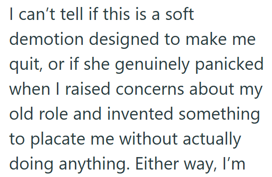 I can't tell if this is a soft demotion designed to make me quit, or if she genuinely panicked when I raised concerns about my old role and invented something to placate me without actually doing anything. Either way, I'm