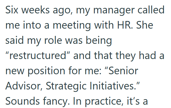 Six weeks ago, my manager called me into a meeting with HR. She said my role was being "restructured" and that they had a new position for me: "Senior Advisor, Strategic Initiatives." Sounds fancy. In practice, it's a