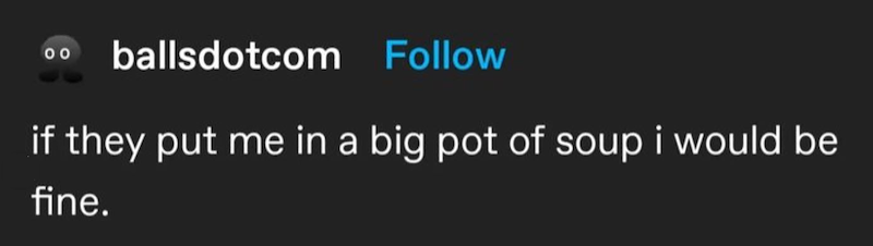 00 ballsdotcom Follow if they put me in a big pot of soup i would be fine.